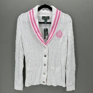 Lauren Ralph Lauren Womens L Cable Knit‎ Cardigan Pink Stripe Crest Heritage NWT